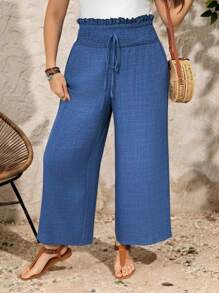 EMERY ROSE Pantalones de pierna ancha con textura de punto y cinturilla alta con nudo para mujeres de talla grande - Azul - Ver 1