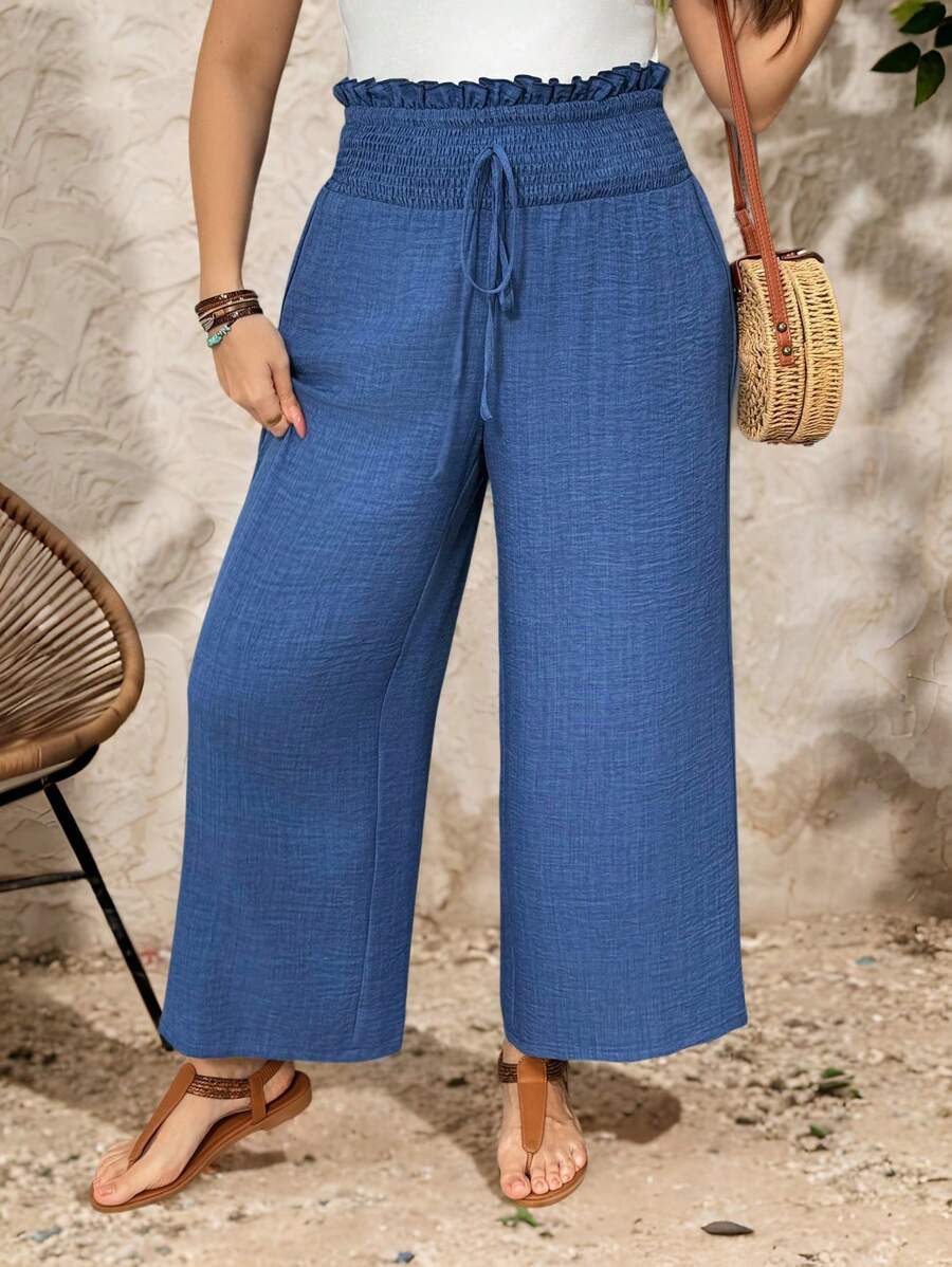 EMERY ROSE Pantalones de pierna ancha con textura de punto y cinturilla alta con nudo para mujeres de talla grande - Azul - Ver 1
