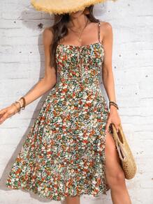 Breezaya 女式长款碎花吊带裙，露背，开衩，修身，适合聚会/约会 - 彩色 - 查看 6