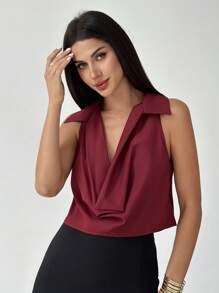 Firerie Elegant Retro Burgundy Draped Neck Blouse, Suitable For Daily Commute, Wedding, Spring & Summer - Burgundy - View 1