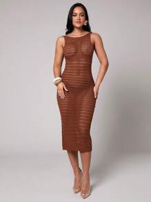 Silquee Women's Chic Coffee Brown Crochet Midi Dress,Autumn Vacation Holiday Hollow Out Wave Lace Open Back Spaghetti Strap Fitted Bikini Cover Up - Ginger - View 1