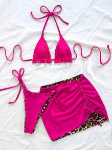 Soleia Set de 3 piezas de bikini para mujer con estampado de leopardo y color rojo, ideal para vacaciones
