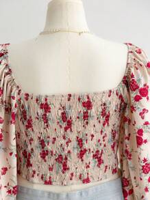 SHEIN WYWH 大码女式方领复古花卉印花灯笼袖衬衫，适合假期、秋冬季 - 彩色 - 查看 8