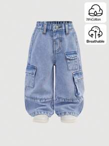SHEIN Baby Girls' Y2K Loose Blue Denim Overalls Pants,Kid Girls Spring And Summer Casual Vacation Hobo Wear,Kid Girls Multiple Cargo Pockets Street Cool Outfit - Light Wash - View 1