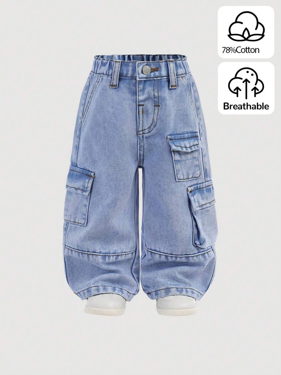 SHEIN Baby Girls' Y2K Loose Blue Denim Overalls Pants,Kid Girls Spring And Summer Casual Vacation Hobo Wear,Kid Girls Multiple Cargo Pockets Street Cool Outfit - Light Wash - View 1
