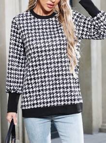 Houndstooth Patchwork Long Sleeve Casual Top, Autumn/Spring Fall Cloth For Women - Black - View 3