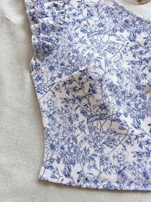 SHEIN VCAY Plus Size One Shoulder Floral Print Double-Layer Cap Sleeve Fitted T-Shirt - Blue and White - View 4