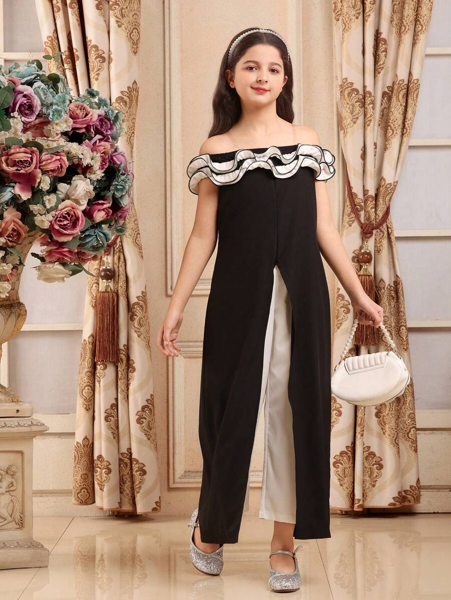 SHEIN Tween Girls Elegant Party Color Block Off Shoulder Ruffle Jumpsuit - Black - View 1