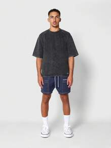 SUMWON Athletic Drop Crotch Shorts With Contrast Stitching, Drawstring Waist, Summer Beach Sport Lounge Casual Basketball Running Training Workout Shorts - Navy Blue - View 3