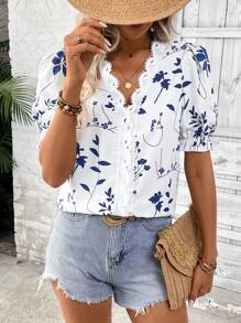 SHEIN LUNE Women Casual Floral Print Ruffle Trim Short Sleeve Blouse