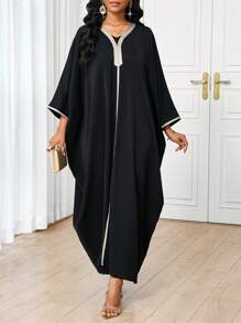 SHEIN Lady Women's Elegant Black Burqa Dress With Gold Webbing Detail - Black - View 4