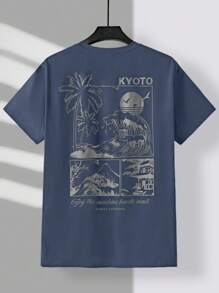 EASEVO Plus Size Men Palm Tree & Slogan Printed Round Neck Short Sleeve T-Shirt And Shorts Casual Suit - Dusty Blue - View 6