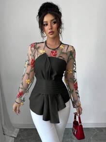 Elenzga 2025 Romantic Early Spring Mesh Embroidered Hollowed-Out Patchwork Ruched Waist Elegant Long Sleeve Blouse - Black - View 5