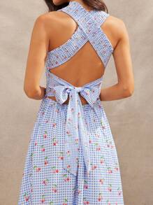 WESTFADE Summer Cherries Printed Gingham Smocked Square Neck Cute Bow Tie Backless A Line Ruffle Midi Dress Country Western Cowgirl Dress Spring Break Beach Vacation Outfit - Blue - View 5