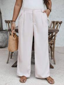 SHEIN VCAY Plus Size Women's Solid Color Pleated Pockets Wide Leg Casual Pants - Apricot - View 3