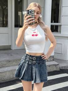 SHEIN Top corto sin mangas ajustado de estilo casual con estampado de cerezas para niña adolescente