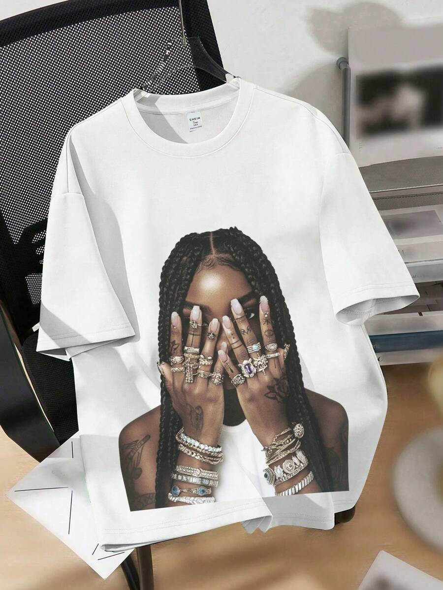 SHEIN EZwear 休闲大码图案圆领短袖T恤,大码略微透视 - 白色 - 查看 1