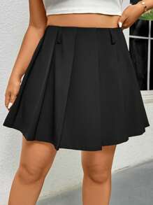 SHEIN Privé Plus Size Women's Comfortable Casual Elegant Commuting Basic Versatile High-End Pleated Elastic Waist Shorts, Suitable For Spring/Summer Office Wear - Black - View 14