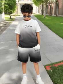 SHEIN Tween Boy Letter Graphic Ombre Top & Shorts Set - Multicolor - View 5