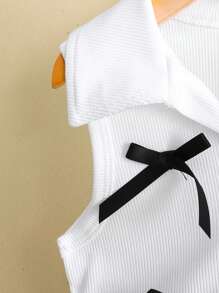 Set de 2 piezas: Chaleco con cuello de lazo 3D y falda plisada, conjunto adecuado para el estilo escolar de verano para niña joven