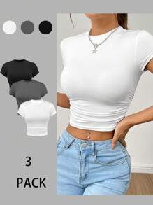 SHEIN PETITE Summer 3pcs/Set Ladies' Pleated Short Sleeve T-Shirt - Multicolor - View 3