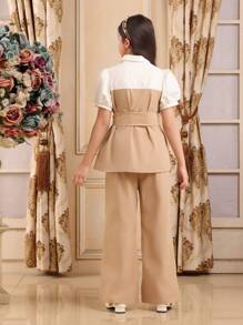 SHEIN Tween Girl Elegant Color Block Puff Sleeve Shirt And Long Pants 2 Pieces Set - Khaki - View 2