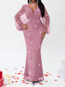 Fleurora 大码女士优雅紫色通勤连衣裙，秋季长款正式晚礼服秋季女装秋季连衣裙外出服舞会礼服演唱会女装新年连衣裙大码连衣裙派对长裙婚礼宾客连衣裙女士长袖连衣裙，情人节 - 粉色 - 查看 3