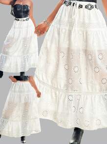 Flirla Saia Branca de Cintura Alta Solta Estilo A-Line com Barra Franjas, Bordados, Retalhos e Renda, Inspirada em Festival, Boho, Hippie, Cowgirl, Velhos Ricos, Praia, para Mulheres Plus Size