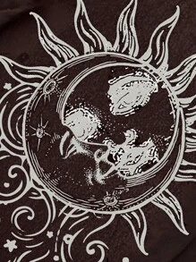 ROMWE Hippie 女式嬉皮月亮太阳图案印花褶饰抹胸背心，夏季服装 - 棕色 - 查看 4