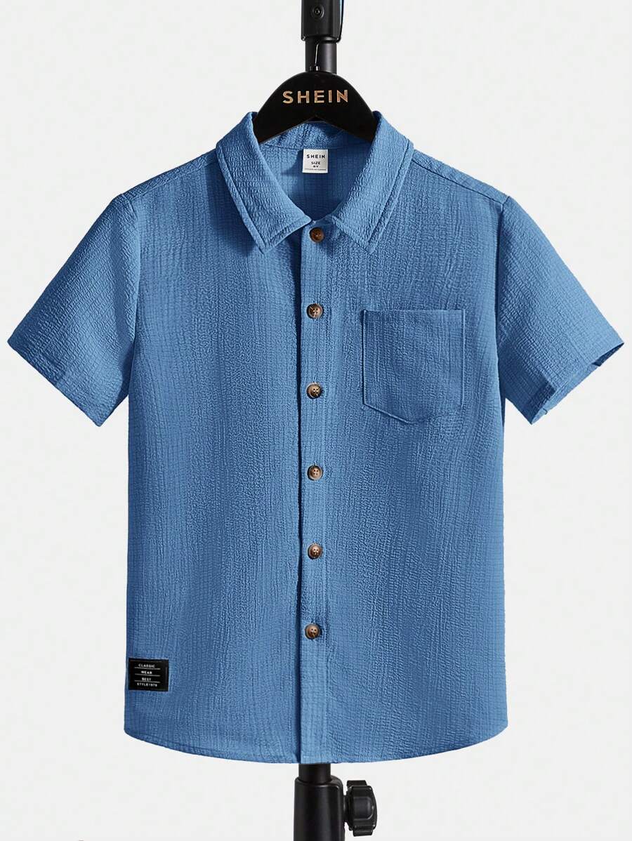 SHEIN Tween Boy Casual And Comfortable Short-Sleeved Shirt With Clean Color And Patch Decoration On Collar - Blue - View 1