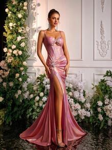 Glamrae Elegant Metallic Coated Sparkling Pink Sleeveless Spaghetti Strap Cutout Waist Twisted Maxi Formal Gown With Thigh High Slit And Train, Party Dress, For Evening, Wedding Guest - Dusty Pink - View 2