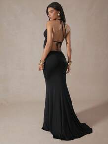 Hauture Draped Halter Neck Backless Top & Maxi Skirt Set,Summer Sets - Black - View 3
