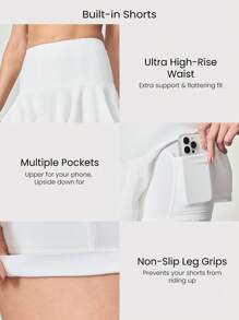 GLOWMODE 5'' FeatherFit™-Air Sweat-Wicking Quick-Dry Court Crush Ultra High Waist Tummy Control Mesh Tennis Skirt With Built-In Shorts Side Pockets Non-Slip Grips Low Impact Tennis Golf Pickleball Daily Wear - White - View 4