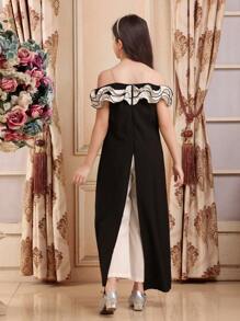 SHEIN Tween Girls Elegant Party Color Block Off Shoulder Ruffle Jumpsuit - Black - View 2