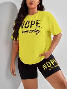 CovetEZ 大码夏季休闲字母印花短袖 T 恤和短裤 2 件套 - 黃色 - 查看 1