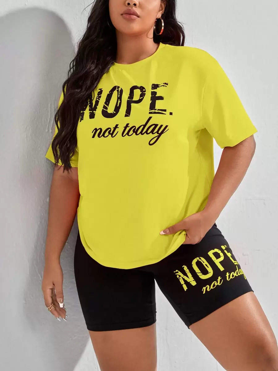 CovetEZ 大码夏季休闲字母印花短袖 T 恤和短裤 2 件套 - 黃色 - 查看 1