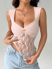 SHEIN Unity Pink Sexy Lace Patchwork Hollow Out Women Tank Top - Pink - View 4