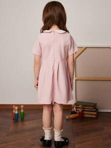 Blossori Young Girls' Pink Woven Decorative Button Collar Dress, Spring/Summer - Pink - View 3