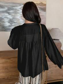 FRIFUL Women's Loose Apricot Linen Blouse With Tie Design, Spring Clothing,Fall Clothes Long Sleeve Top - Black - View 3