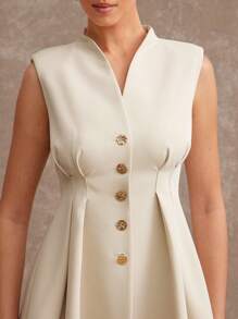 L'Amorae Summer Women Outfit, Women Clothes, Women's Sleeveless Beige Solid Color Fitted Tailored Blazer With Gold Buttons, Minimalist & Fashionable, Women Dresses, Summer Women Dresses, White Women Dresses, Elegant Women Dresses, Spring Women Outfits, Spring Women Dresses, Formal Women Dresses, Business Casual Women, White Dress, Mini Dress, Old Money, Office Women Outfits - Apricot - View 5