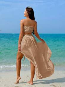 Swim Vcay 2 件套女士海滩夏季抹胸和罩衫套装 - 卡其色 - 查看 3