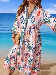 SHEIN LUNE Plus Size Bohemian Leaf Print Layered Babydoll Dress, Casual Vacation Long Dress For Summer Long Dress Summer Outfits For Women Vacation Outfits Woman Stylish Everyday Wear - Multicolor - View 5