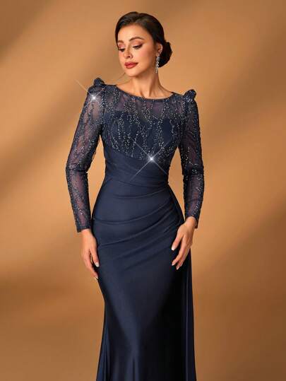 Serin Elegante y lujoso vestido de manga larga con dobladillo de sirena, confeccionado con encaje bordado, parches de lentejuelas y elástico fruncido. Adecuado para bodas, fiestas, vacaciones, despedida de soltera, vestido de madrina de boda y Día de San Valentín.