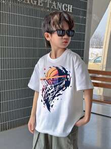 SHEIN Leap Crew Áo thun tay ngắn họa tiết bóng rổ cho bé trai tuổi mới lớn, áo thun cotton mùa hè thường ngày - trắng - Xem 5