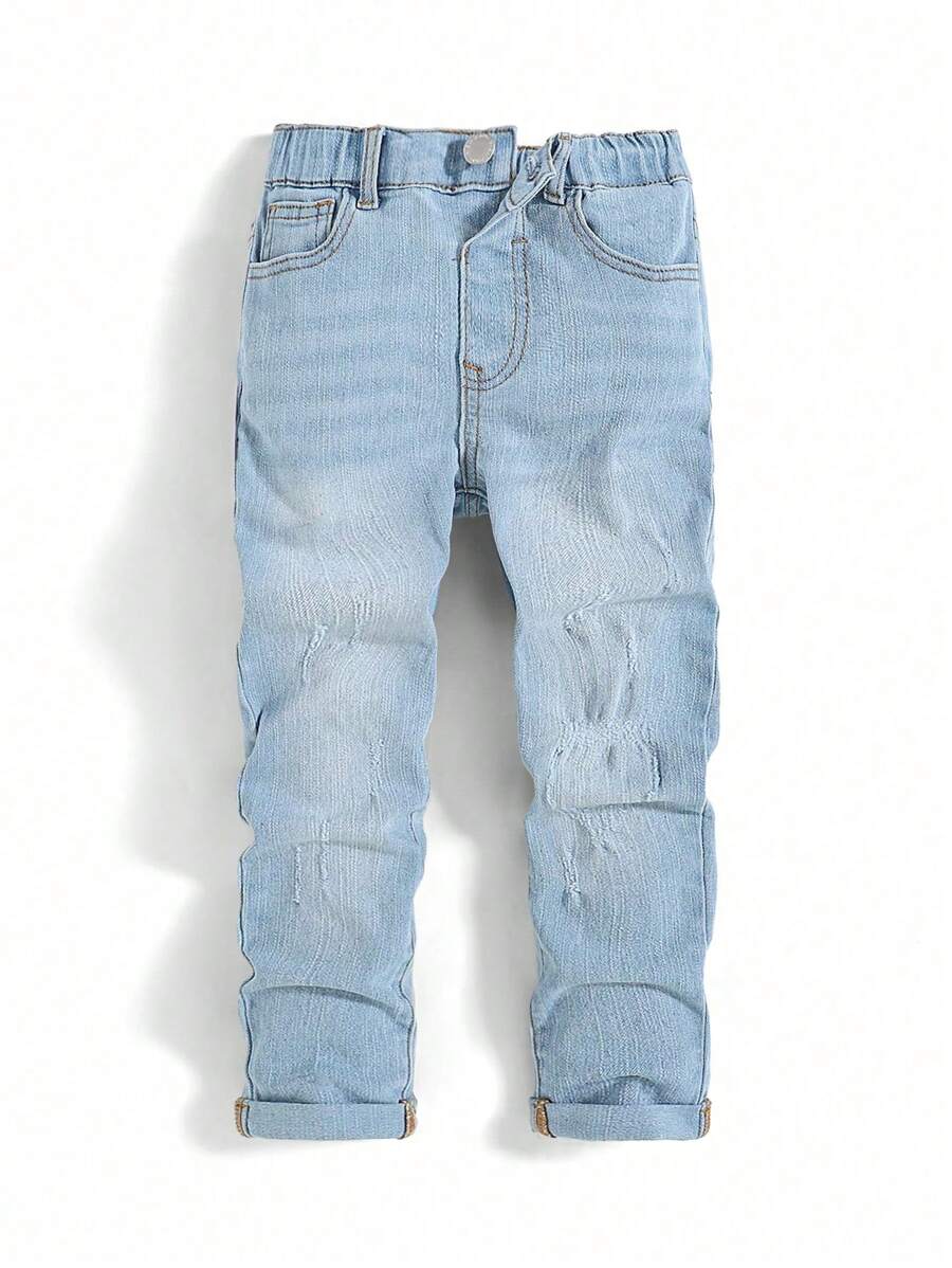 SHEIN Young Boys Spring Casual Simple Washed Ripped High Stretch Skinny Blue Denim Jeans, Spring/Summer Spring Break Daily Wear - Light Wash - View 1