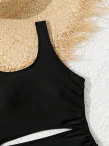 Teenage Girls' Hollow Out Waist Drawstring One-Piece Swimsuit - Black - View 4