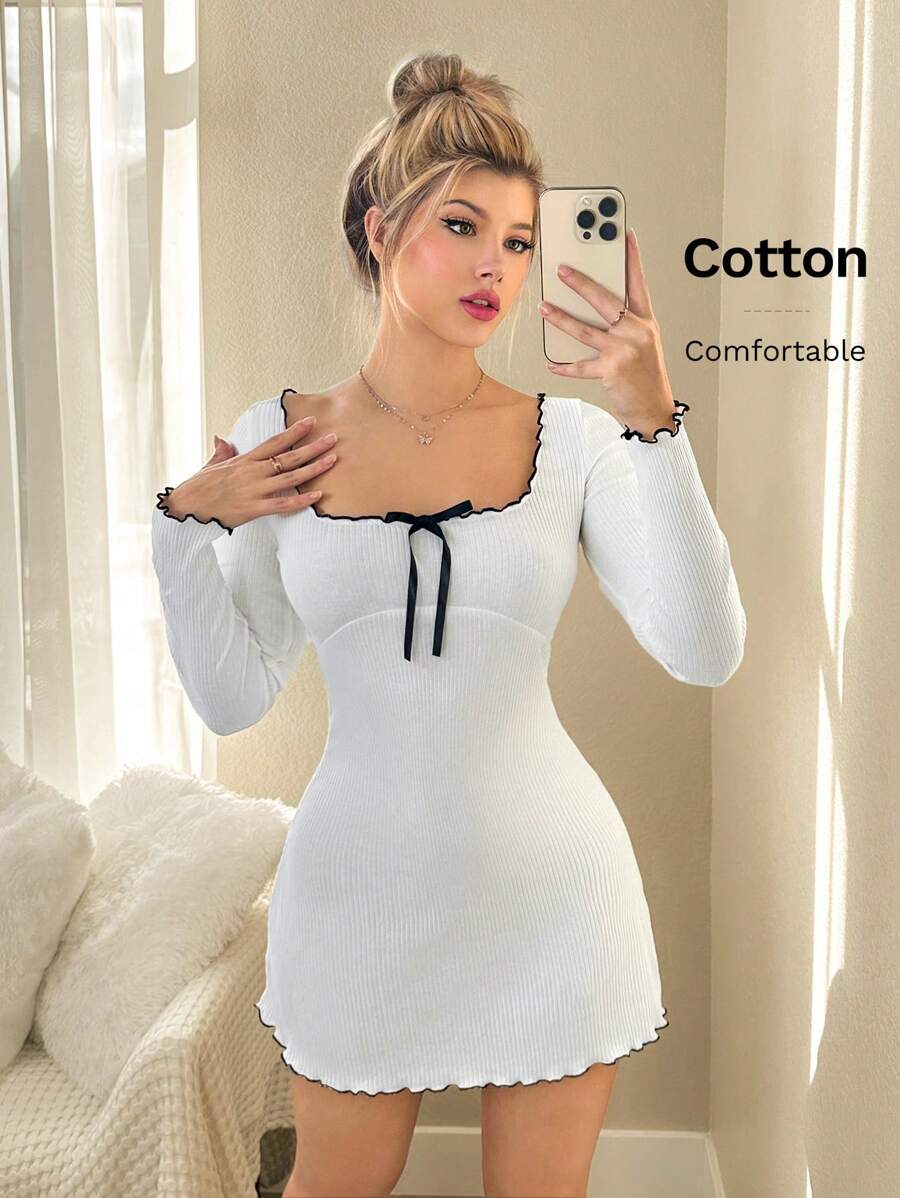 Sweetina Long Sleeve Contrast Trim Casual White Square Neck Bow Dress, Minimalist & Fashionable For Everyday Wear