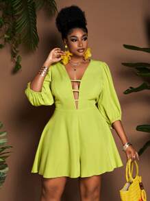 Maweii Plus Size Vacation Casual Solid Color Lantern Sleeve Romper - Green - View 2