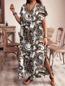 EMERY ROSE Große Größen Kleid mit V-Ausschnitt, Schulterärmel, Schlitz Taille und Paisley Blumen Muster, geeignet für den Sommer