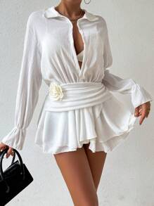 SHEIN Swim Vestido de cubrir blanco con manga de volantes y volante sin bikini para el verano